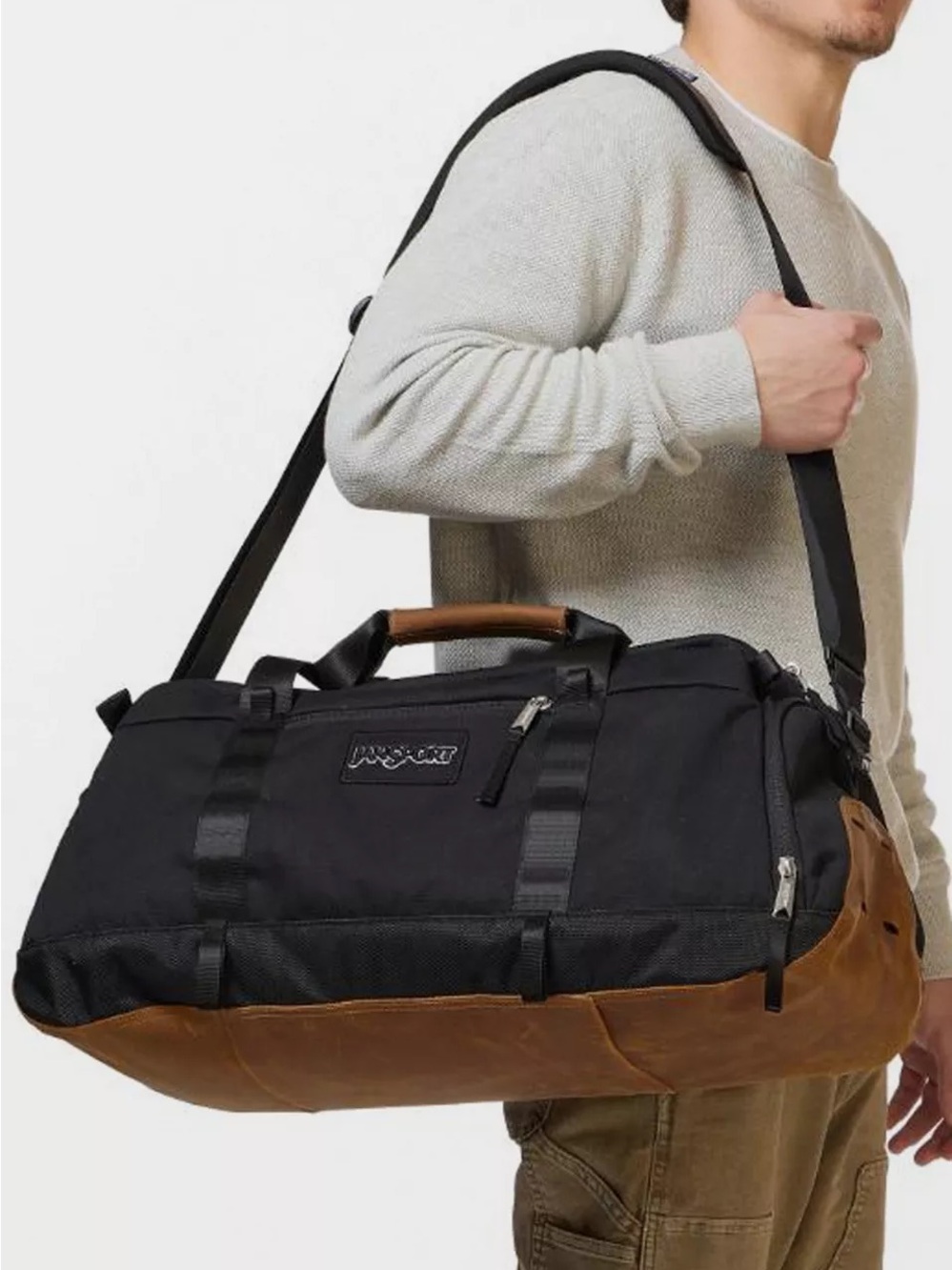 Jansport Smooth Ride Duffel Black and Brown with Leather-Style Base. NEW!!